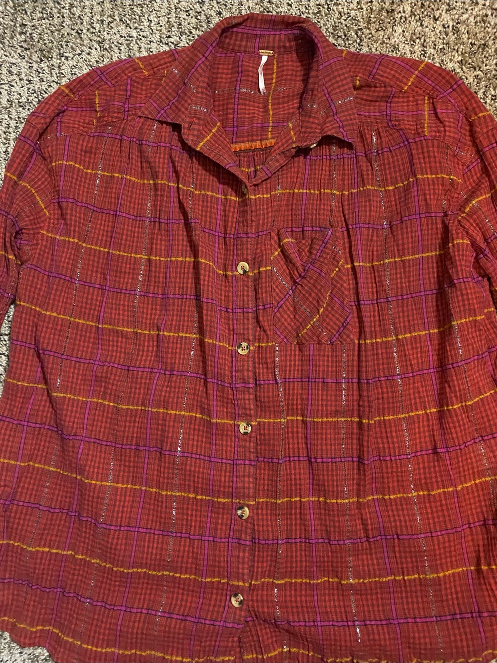 Free People Red Plaid Button-Down Shirt